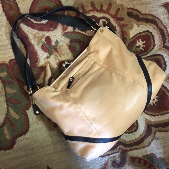EMMA FOX Large Leather Hobo Shoulder Bag KissLock British Tan Black Elegant Luxe - Picture 10 of 16
